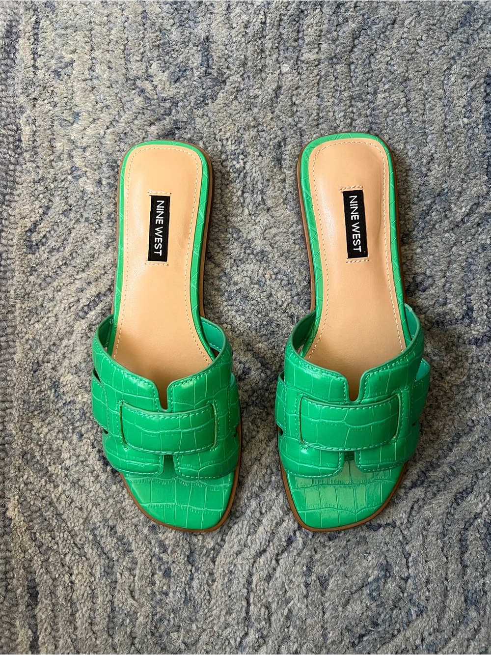 NWOT - Nine West Germani Flat Slide Sandals in Green Croco